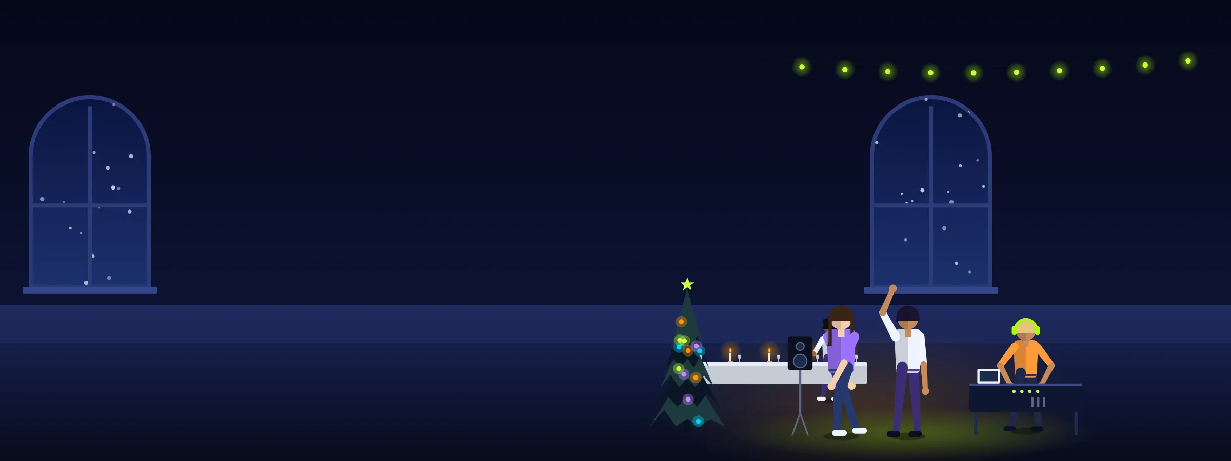 Musikken til julebordet: DJ-pult med høyttaler, dansere i lyset og langbordet bak
